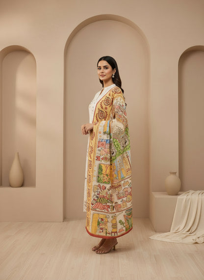 Printed Mandarin Collar Kurta & Trousers With Dupatta