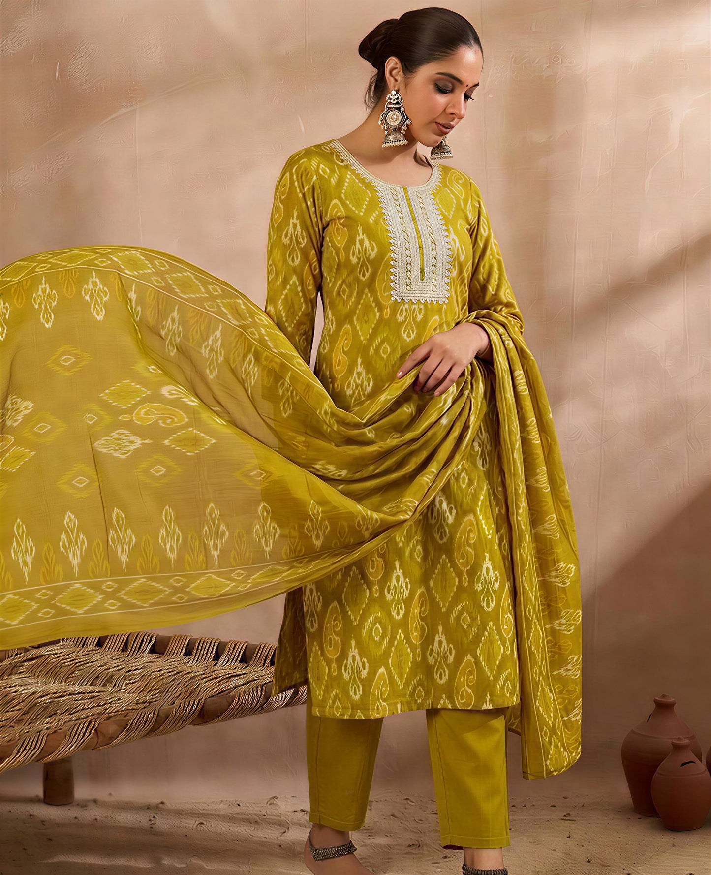 Green Embroidered A-Line Kurta Set with Round Neck, Three-Quarter Sleeves, Solid Trousers and Printed Dupatta for Women