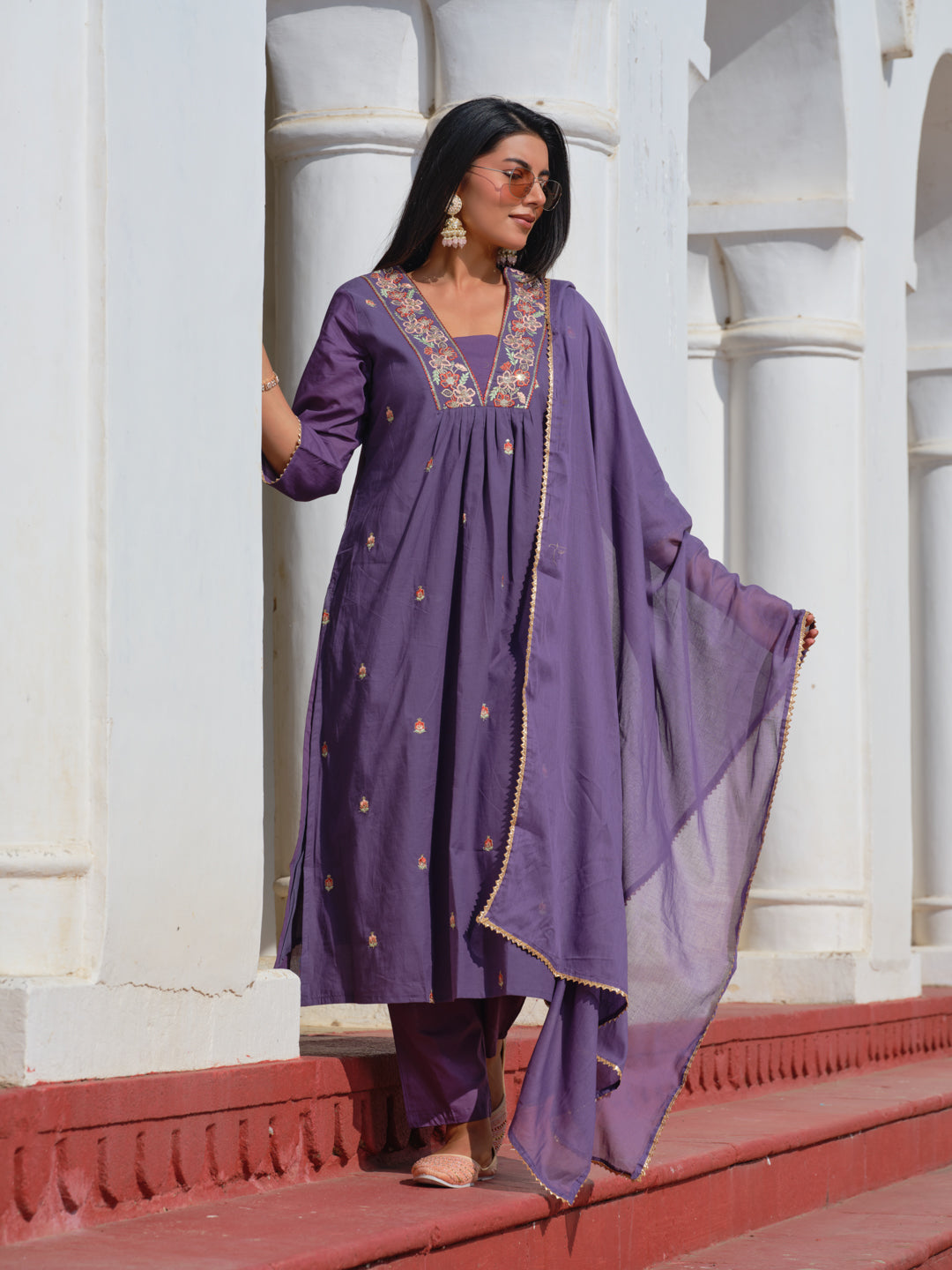 Printed V-Neck Kurta & Trousers With Dupatta