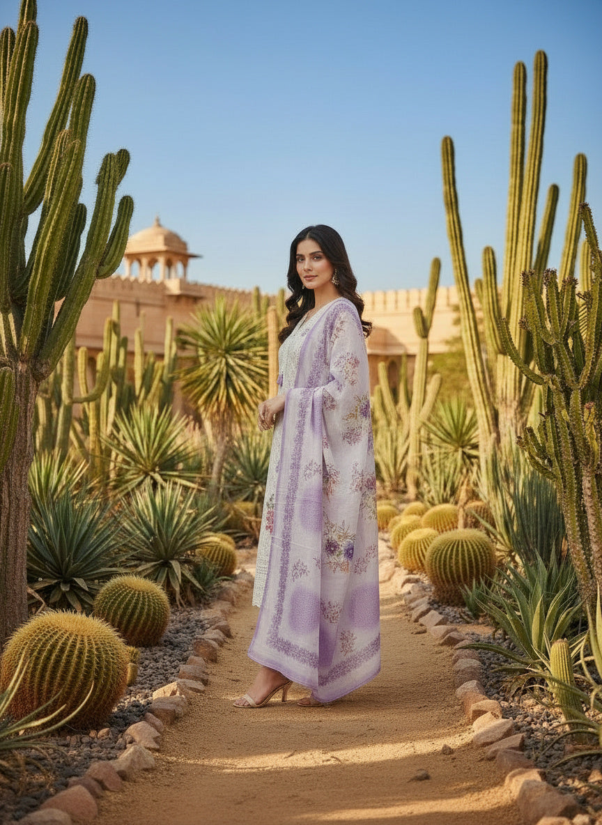 Printed Tissue V-Neck Kurta Trousers & Dupatta