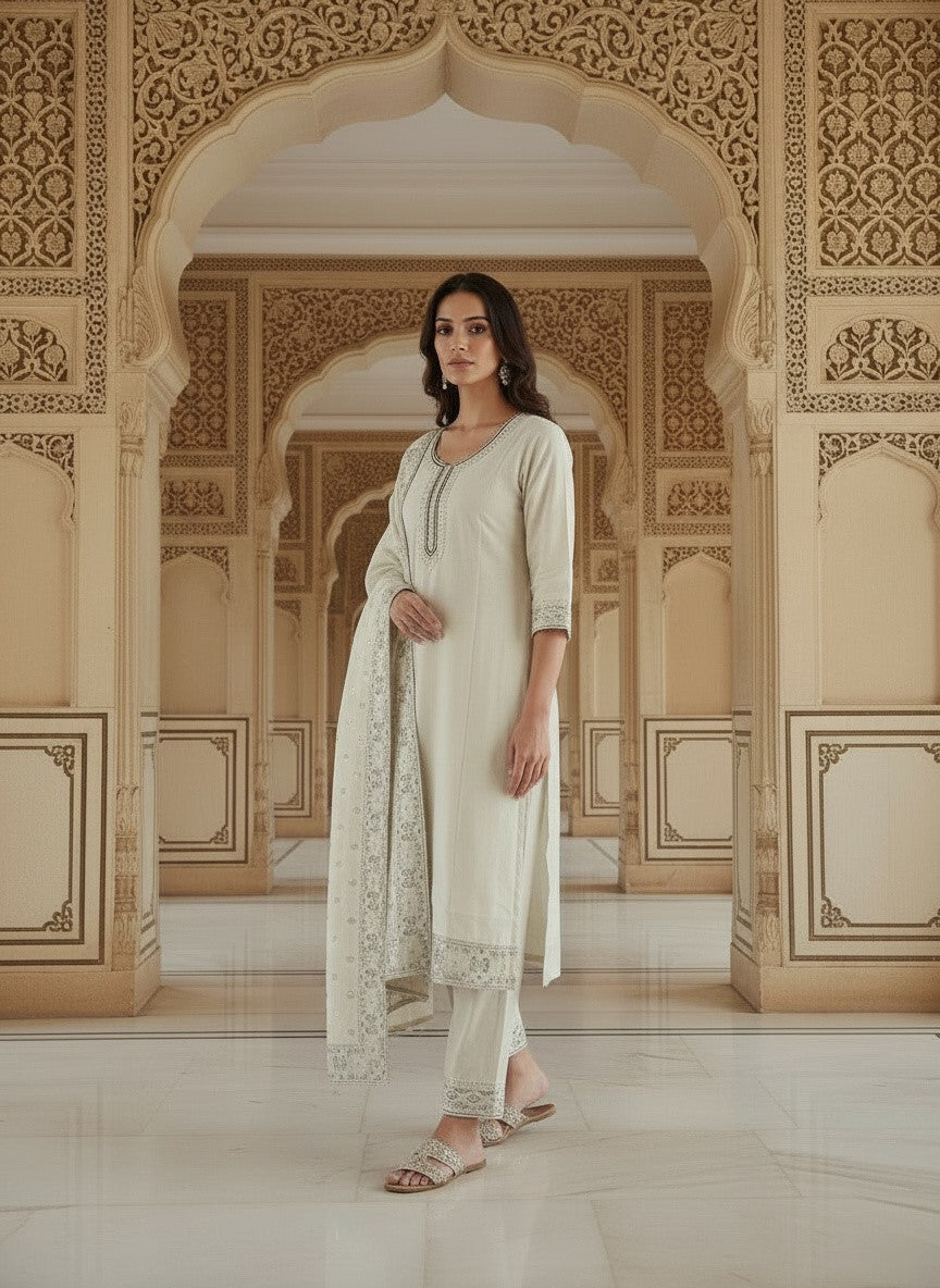 Embroidered Cotton Round Neck Straight Kurta & Trousers With Dupatta