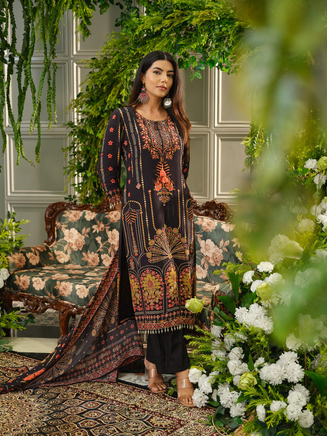 Black Digital Print Kurta Set with Heavy Handwork