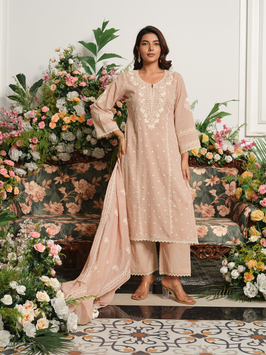 Beige & Pink Embroidered A-Line Kurta Set with Palazzos & Dupatta