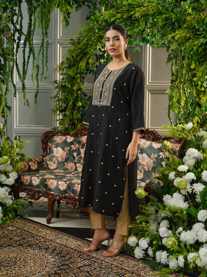 Elegant Black Embroidered Kurta Set with Golden Motifs