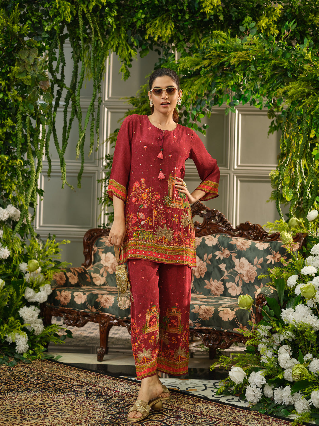 Maroon Digital Print Co-ord Set with Heavy Handwork