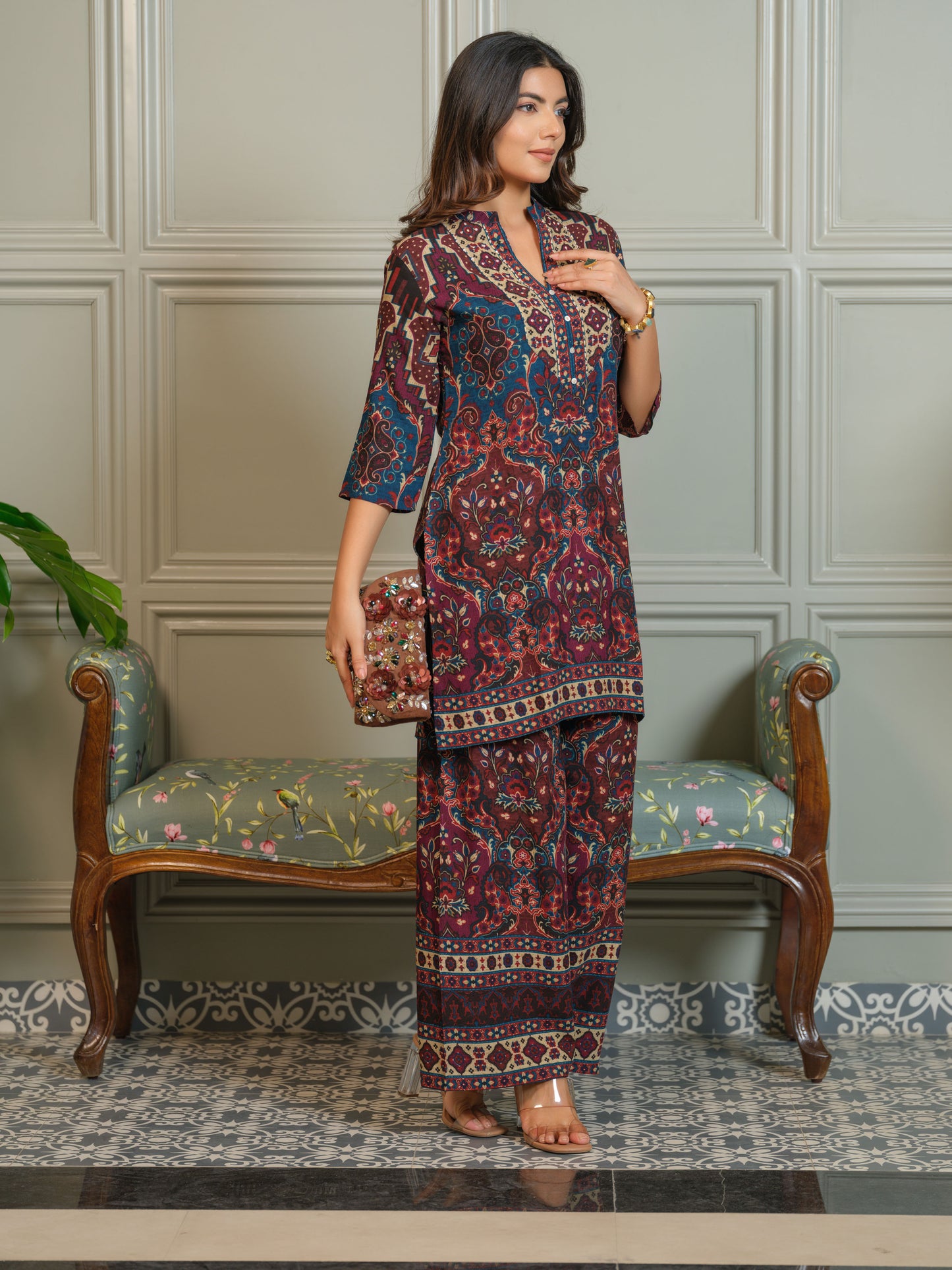 Ajrak Printed Mandarin Collar Neck Top With Trousers Co-Ords