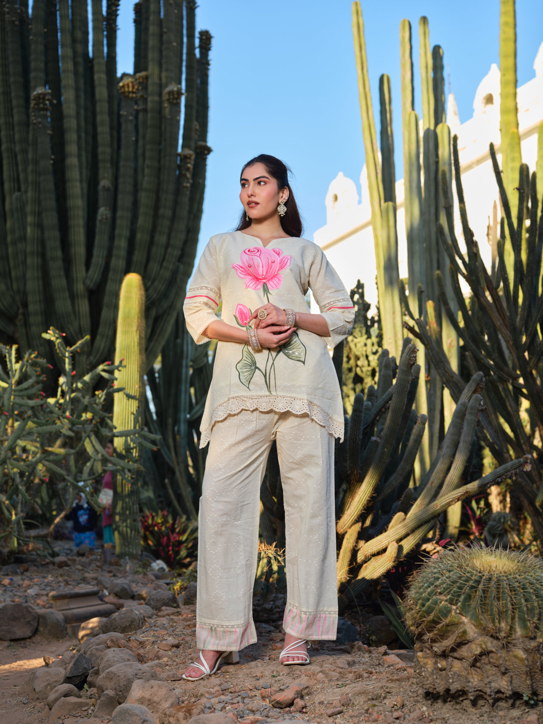 Hand-Painted Pink Lotus Cotton Kurta Set with Wide-Leg Pants