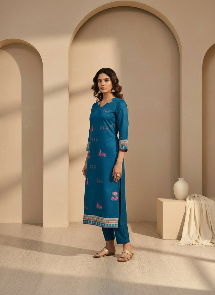 Striped V-Neck Kurta & Trousers With Dupatta