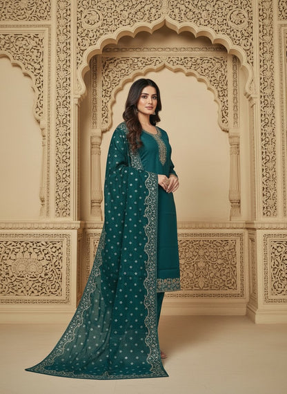 Embroidered Cotton Round Neck Straight Kurta & Trousers With Dupatta
