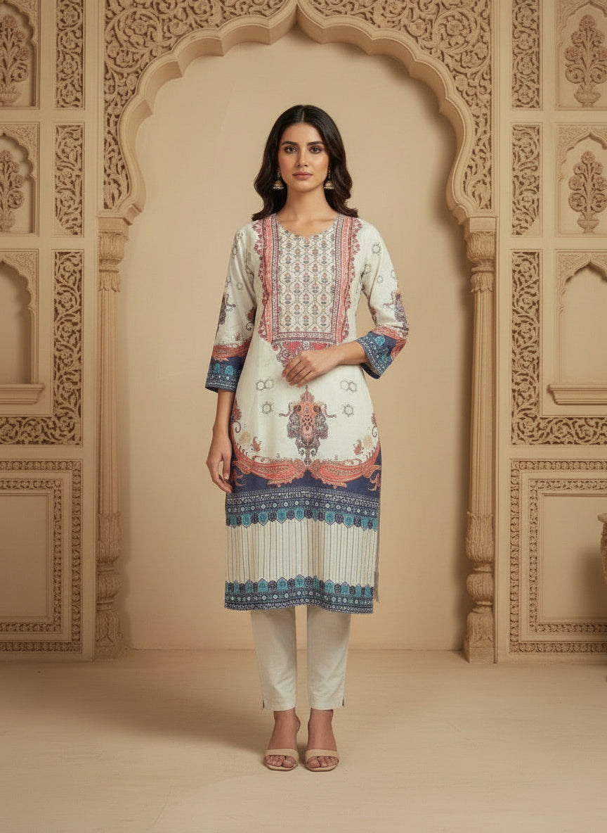 Printed Round Neck Kurta & Trousers Kurta Set