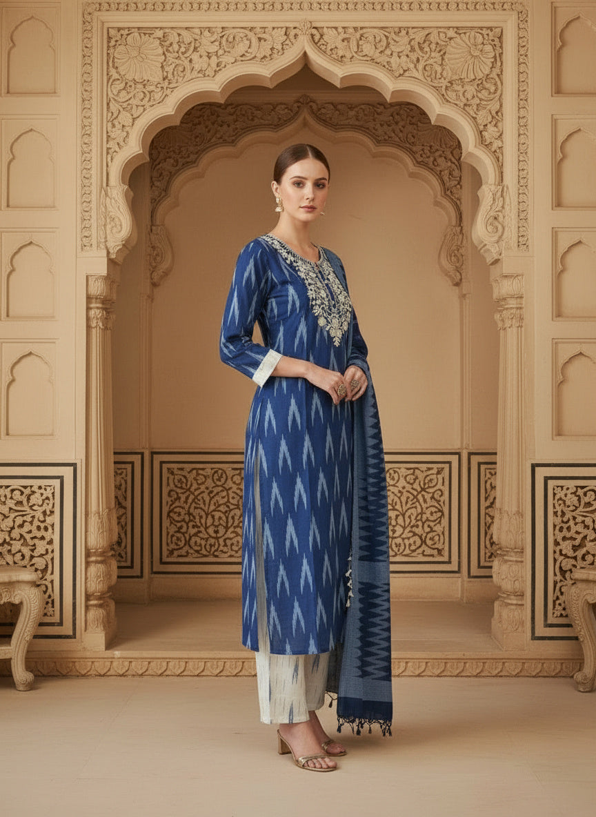 Embroidered Round Neck Straight Kurta & Trousers With Dupatta