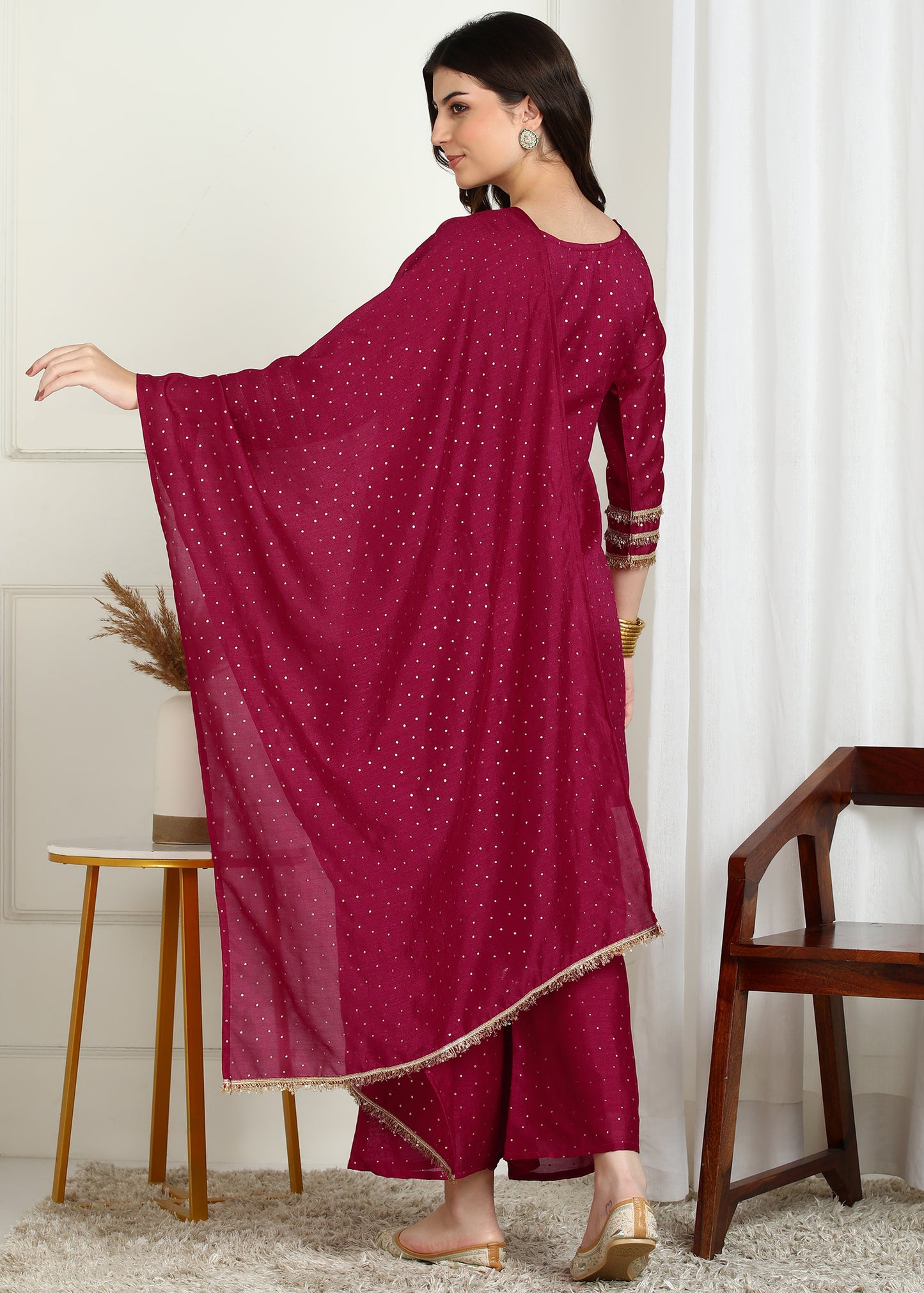 Burgundy Vichitra Foil Print & Embroidered Kurta Set with Lace Detailed Dupatta