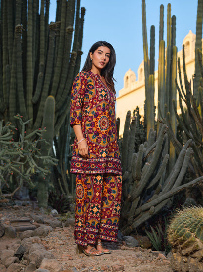 Printed Mandarin Collar Top & Palazzos Co-Ords