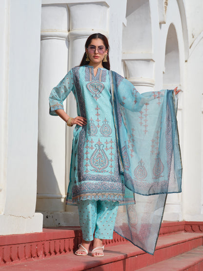 Printed Mandarin Collar Kurta & Trousers With Dupatta