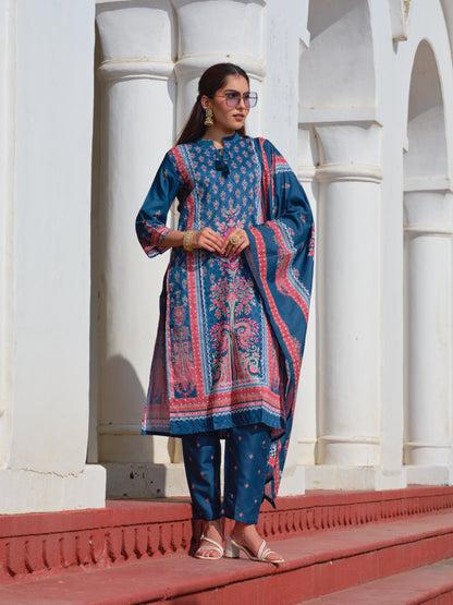 Printed Mandarin Collar Kurta & Trousers With Dupatta