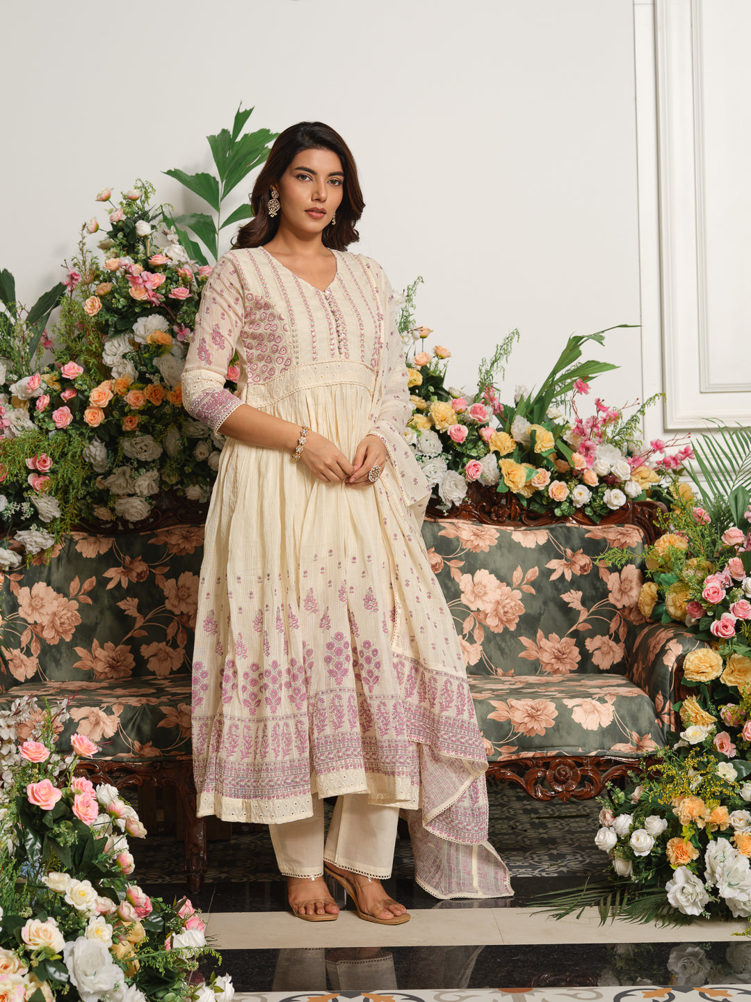 Embroidered Pure Cotton V-Neck Kurta & Trousers With Dupatta