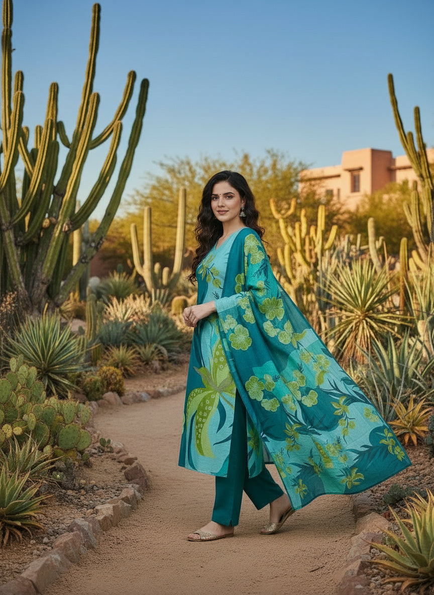 Printed V-Neck Kurta & Trousers Kurta Set