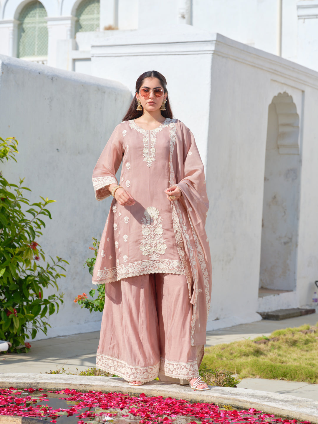Women Peach Embroidered Mul Chanderi Kurta Sharara Set with Dupatta
