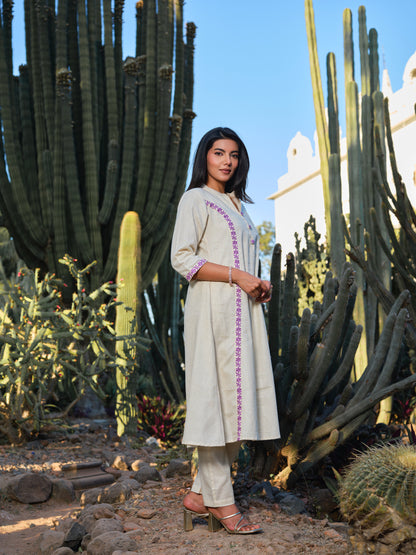 Embroidered Pure Cotton Mandarin Collar A-Line Kurta & Trousers