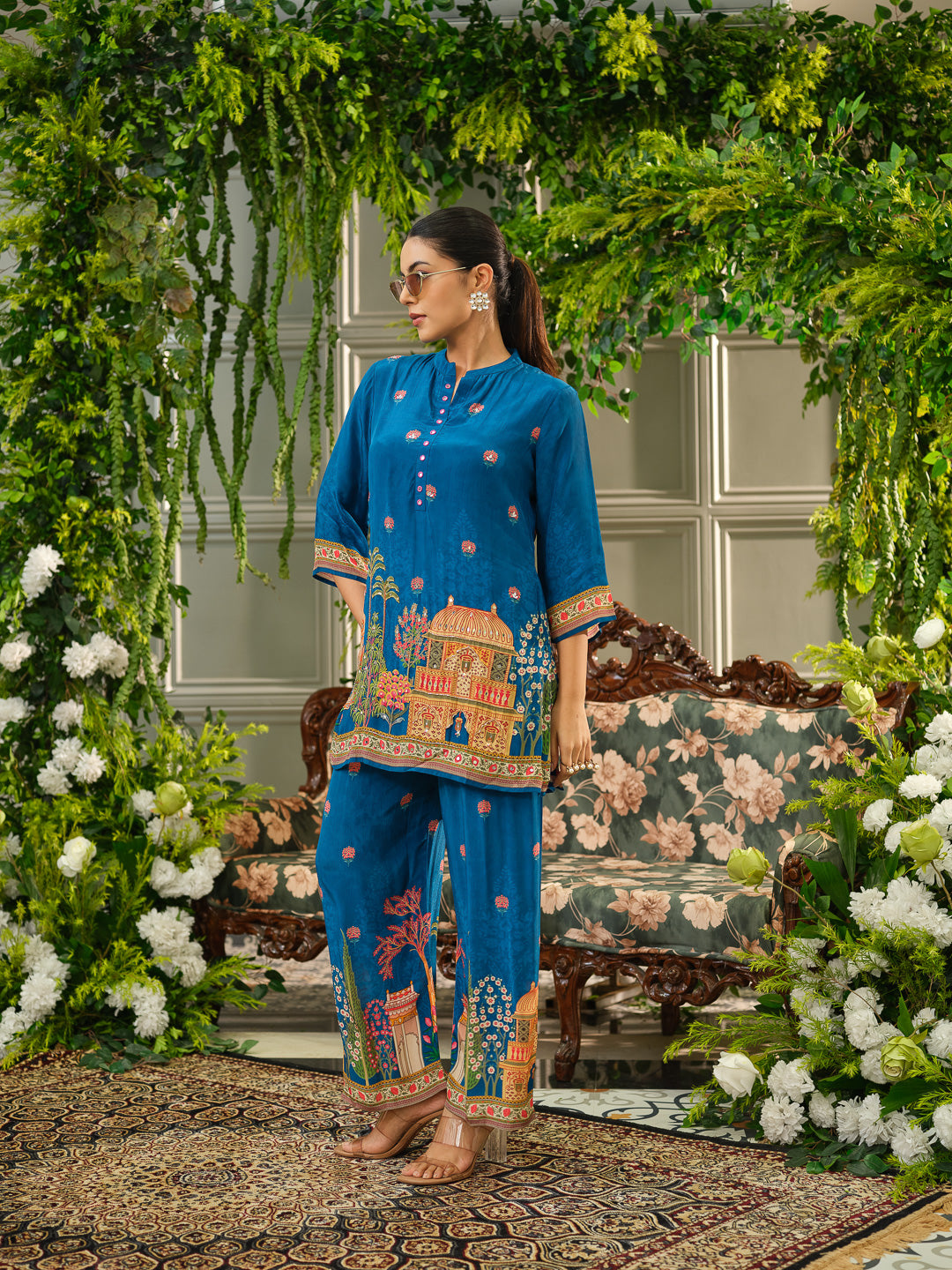 Royal Blue Digital Print Co-ord Set with Handwork