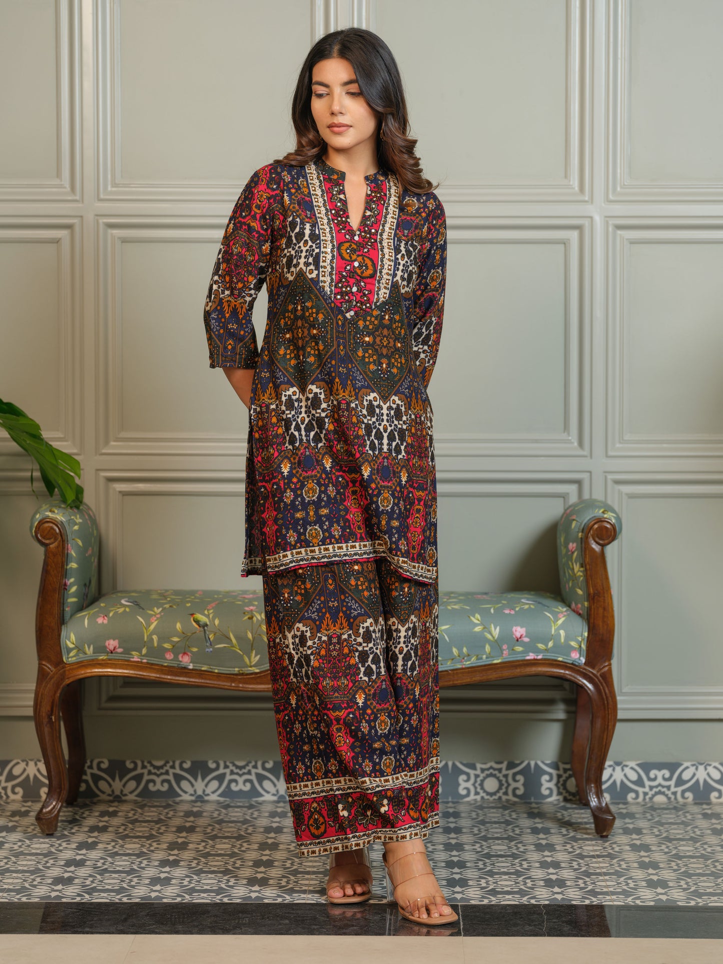 Printed Mandarin Collar Neck Top With Palazzos Co-Ords