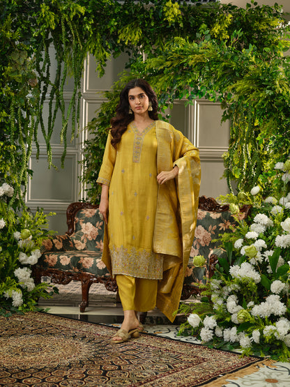 Yellow Viscose Tissue Kurta Set with Jacquard Dupatta