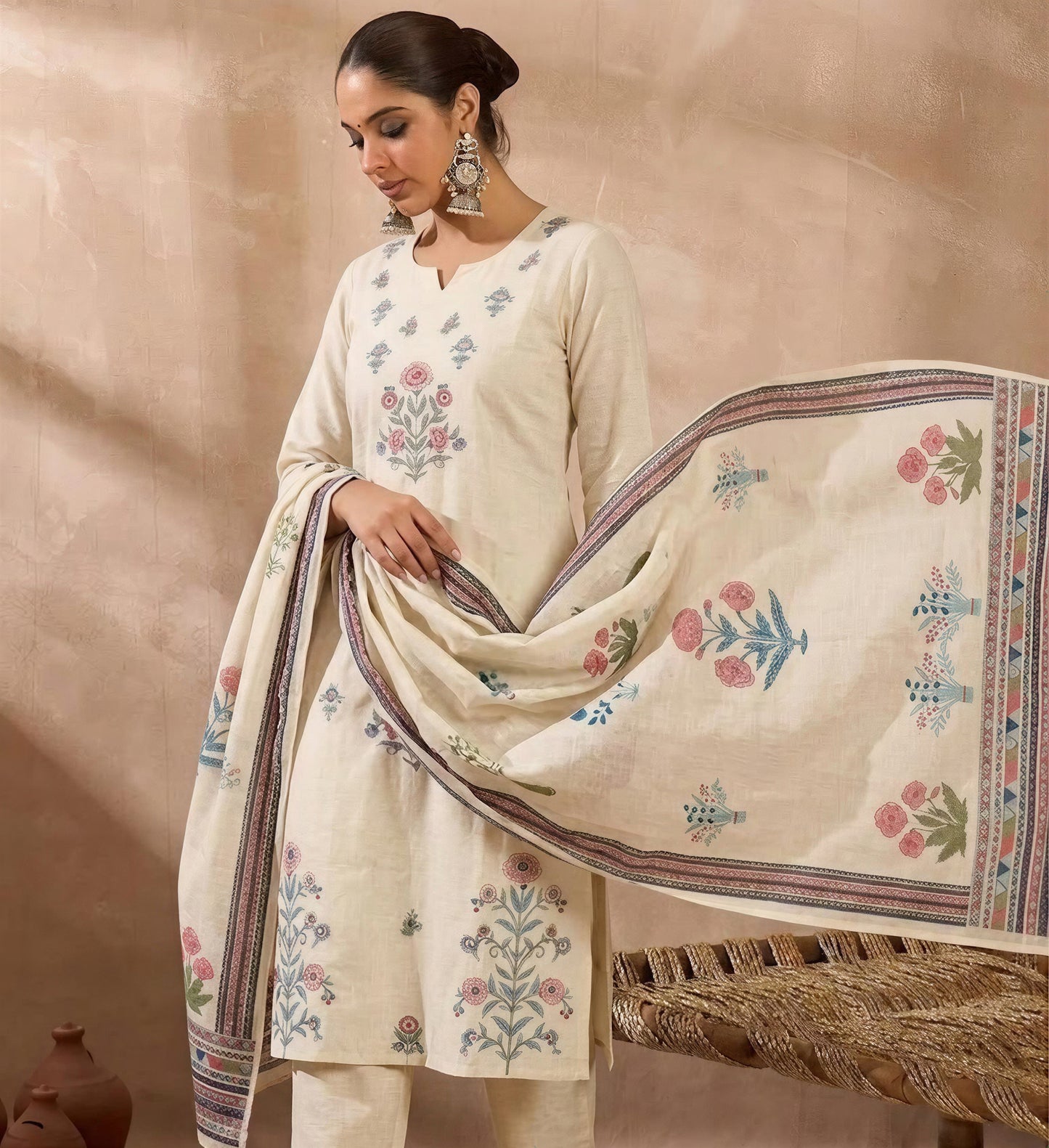 Women’s White and Blue A-Line Embroidered Kurta Set with Matching Trousers & Printed Dupatta