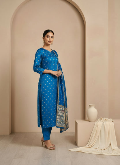 Striped V-Neck Kurta & Trousers With Dupatta