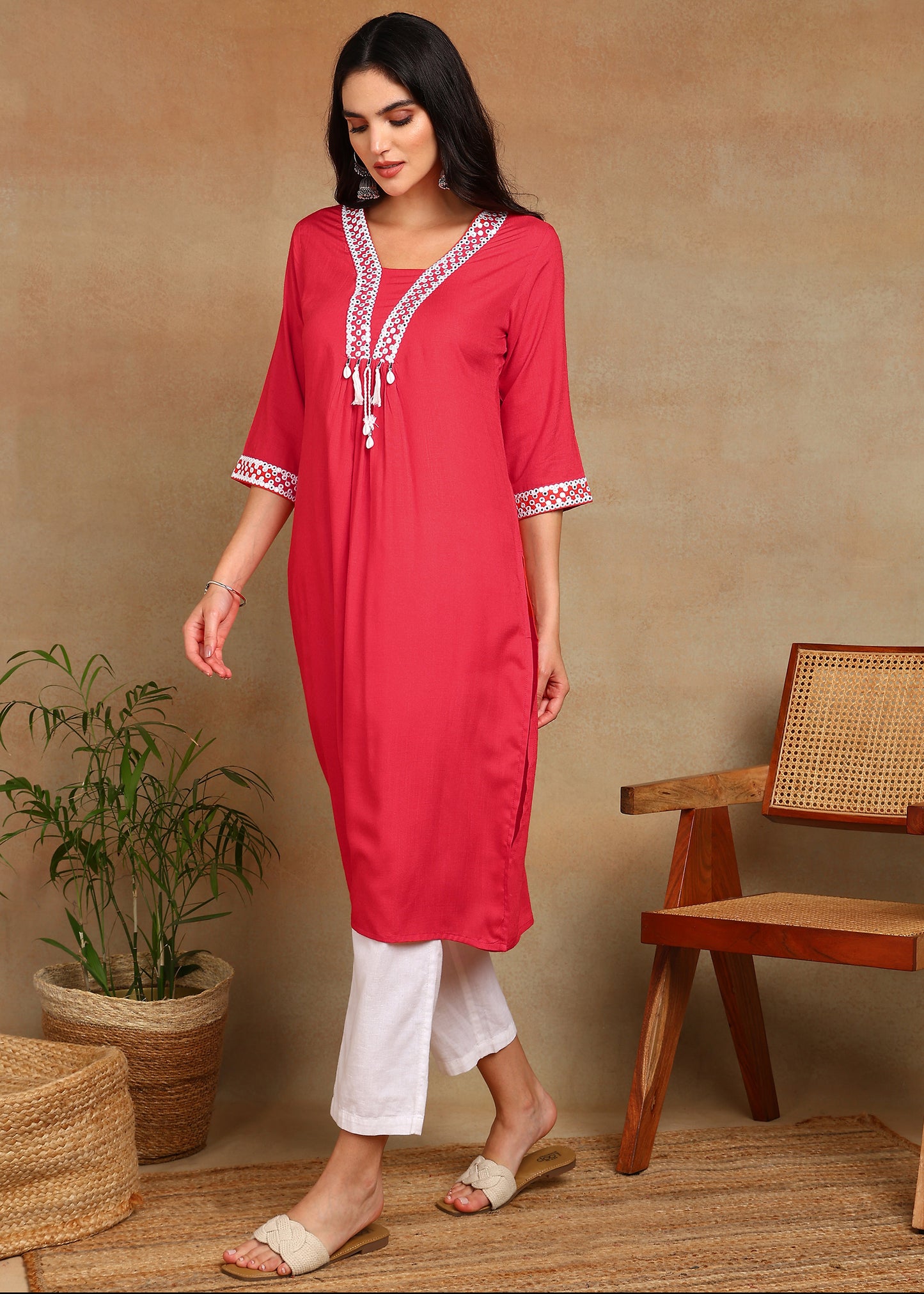Red Rayon Slub Kurti with White Embroidered Lace Detailing