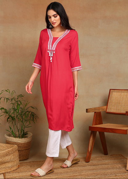 Red Rayon Slub Kurti with White Embroidered Lace Detailing