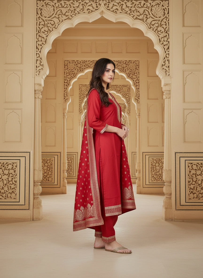 Embroidered Cotton Round Neck Straight Kurta & Trousers With Dupatta