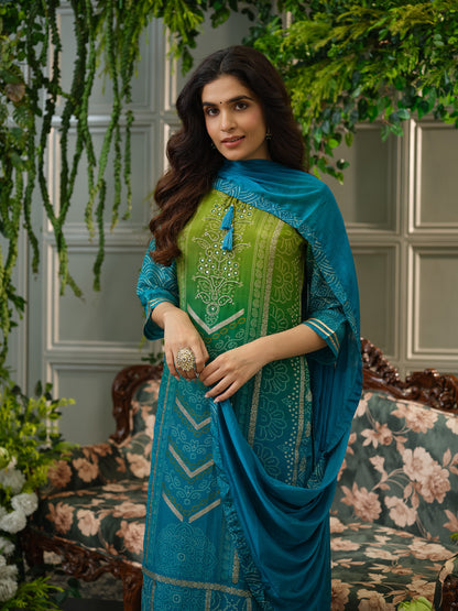 Teal & Green Crepe Silk Printed Kurta Set with Dupatta