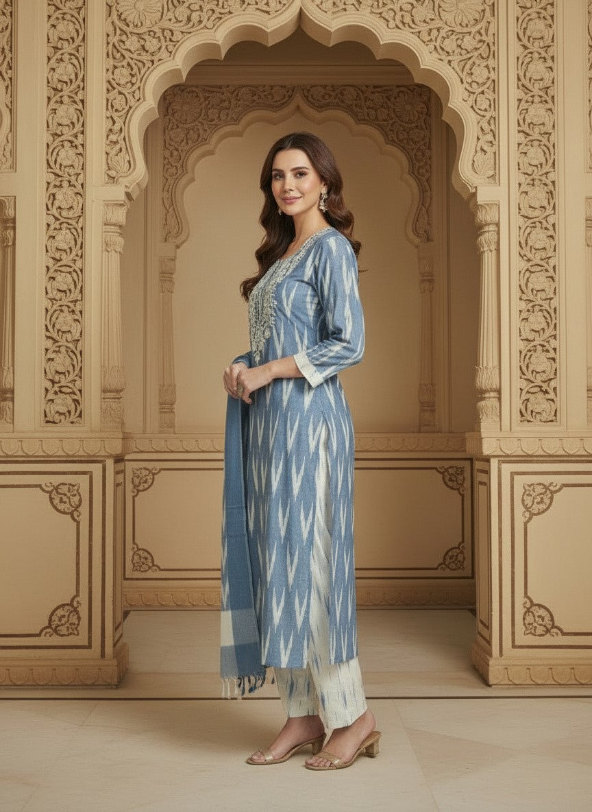 Embroidered Round Neck Straight Kurta & Trousers With Dupatta