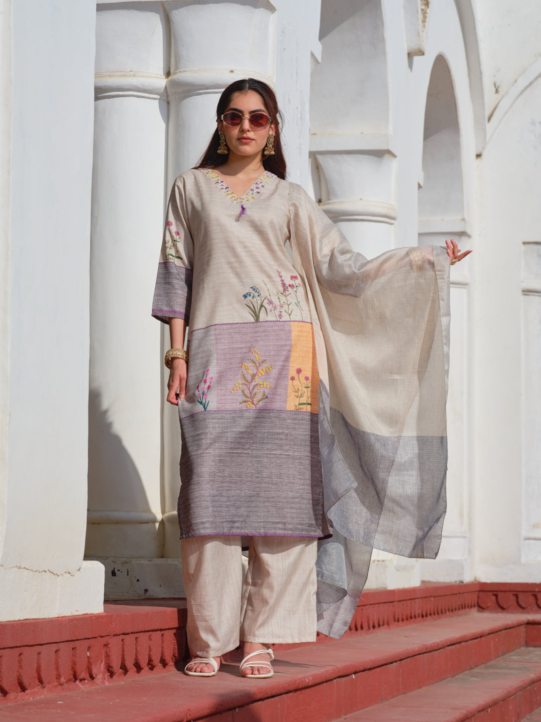 Embroidered V-Neck Kurta Sets