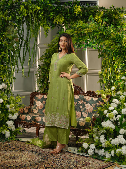 Mehndi Green Viscose Tissue Kurta Set with Jacquard Dupatta