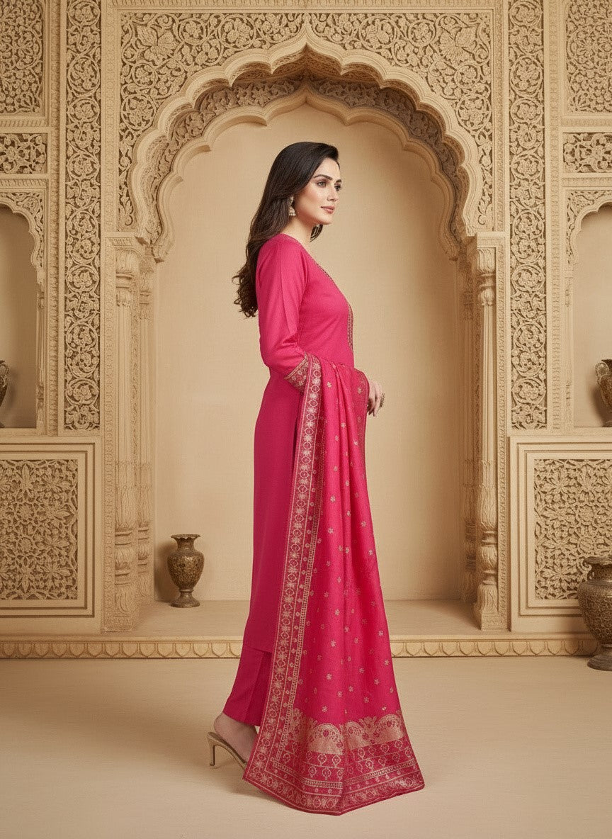 Embroidered Cotton Round Neck Straight Kurta & Trousers With Dupatta