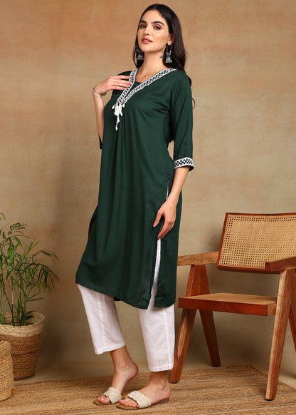 Bottle Green Rayon Slub Kurti with White Embroidered Lace Detailing