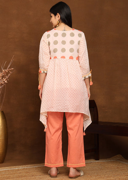 Cotton Printed A-Line C Cut Kurta with Balloon Tie-Up Sleeves & Straight Pants