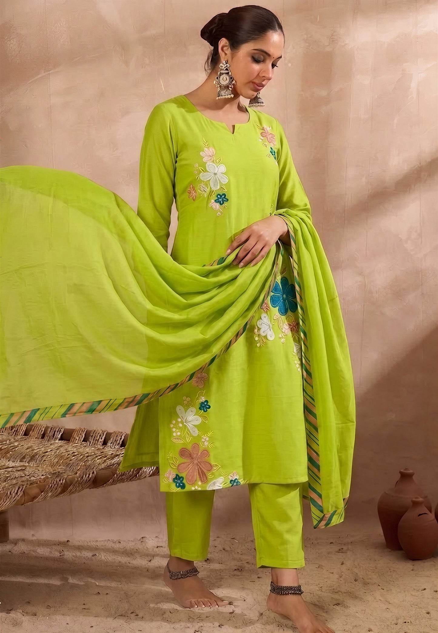 Elegant embroidered kurta set with kurta, trousers, and dupatta