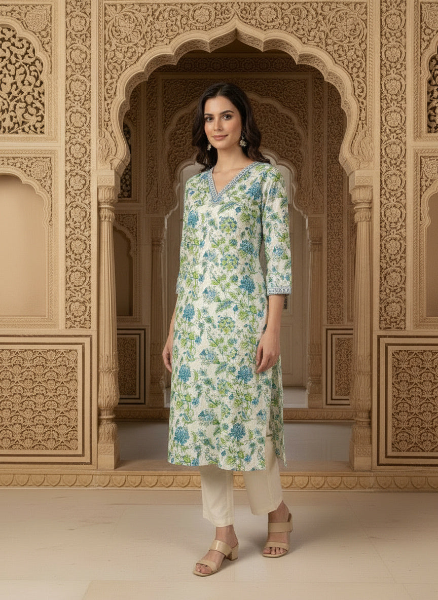 Printed Cotton V-Neck Calf Length Straight Kurta
