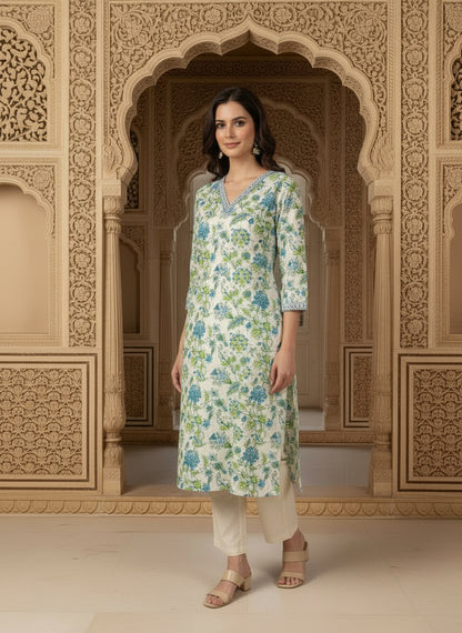 Printed Cotton V-Neck Calf Length Straight Kurta