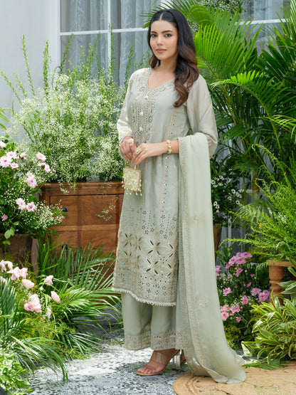 Embroidered Mirror and Cut Work Pakistani Kurta with Trouser and Dupatta Set