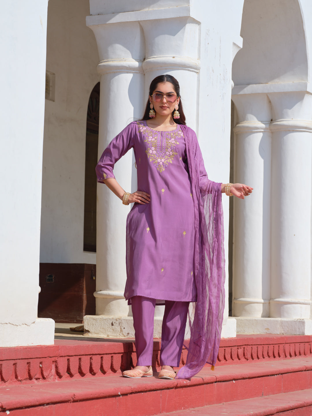 Embroidered Round Neck Straight Kurta & Trousers With Dupatta