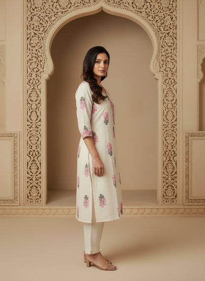 Printed Cotton V-Neck Calf Length Straight Kurta