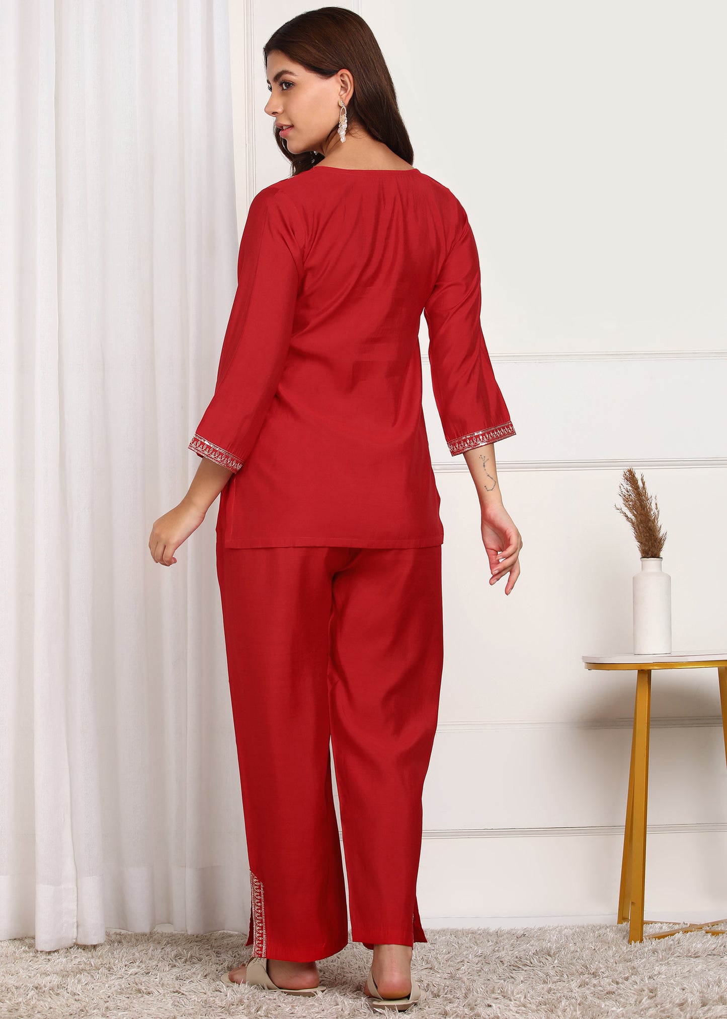 Elegant Red Embroidered Co-ord Set with Bell Sleeves