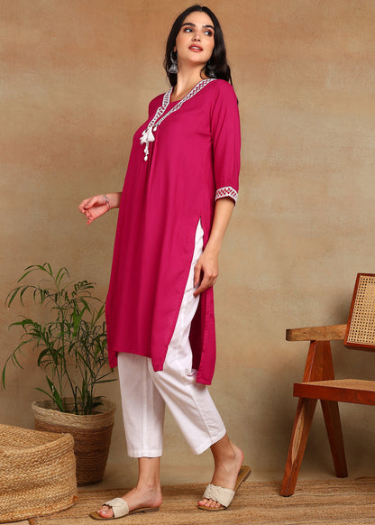 Pink Rayon Slub Kurti with White Embroidered Lace Detailing