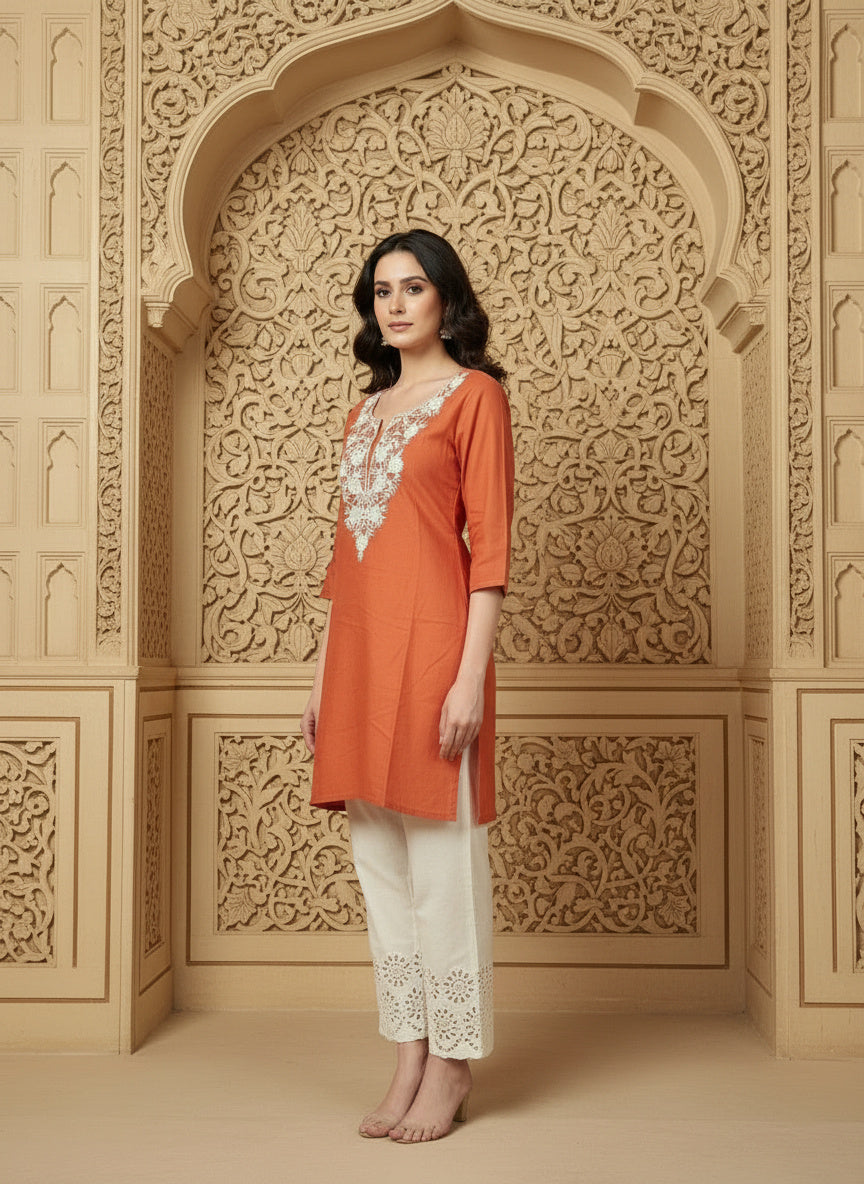 Floral Embroidered Notch Neck Straight Kurtis