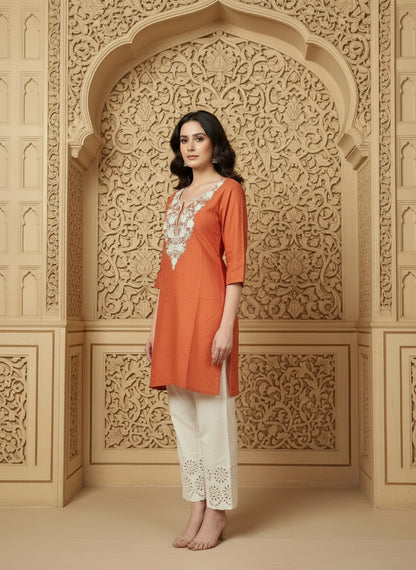 Floral Embroidered Notch Neck Straight Kurtis