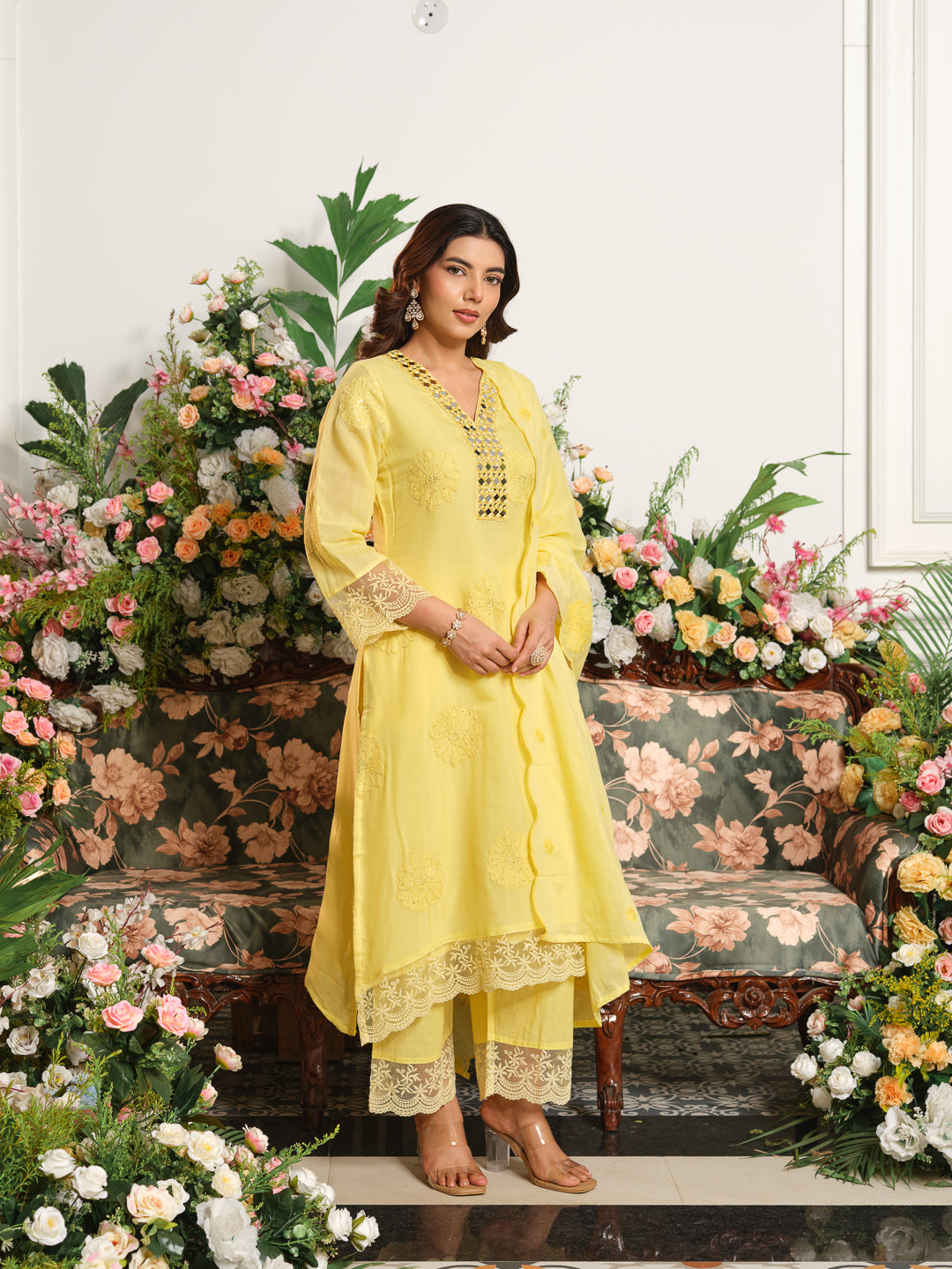Yellow Embroidered A-Line Mal Chanderi Kurta Set with Dupatta.