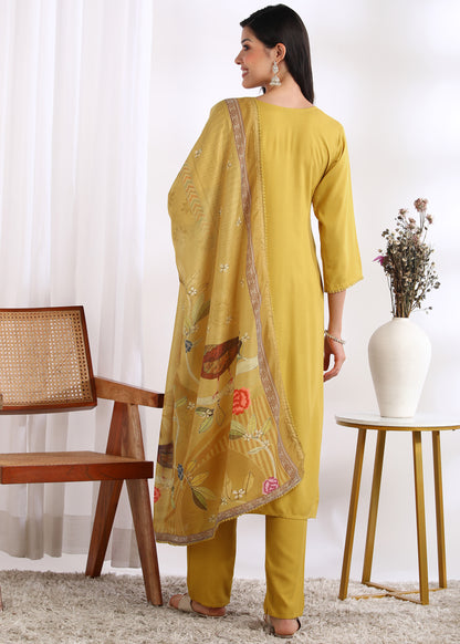 Women Mustard Rayon Embroidered Kurta Set with Digital Print Muslin Dupatta